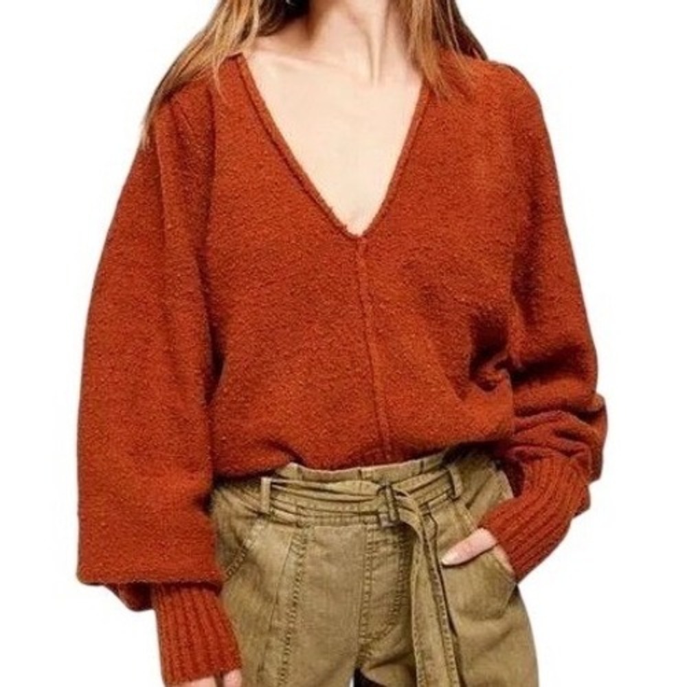 Free People Burnt Butter Reverie V-Neck‎ Balloon Sleeves Sweater size Small